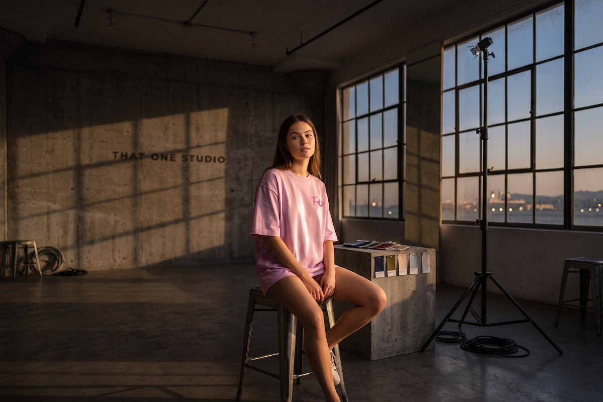 That One Studio, the pink tee worn in the studio