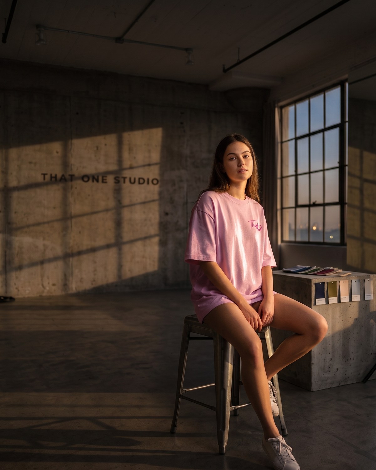 That One Studio, the pink tee worn in the studio