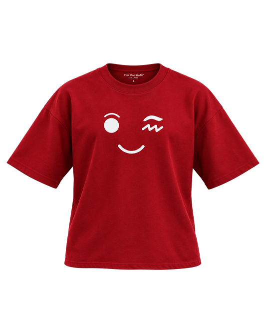 Rouge Drop Tee front, winking face print